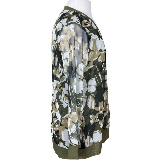 Chicos Camo Olive Brown Floral Print V-Neck Button Front Mesh Cardigan LG - Picture 3 of 7